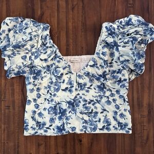 Abercrombie & Fitch Women's Blue Floral Puff Sleeve Smocked Top Size Large